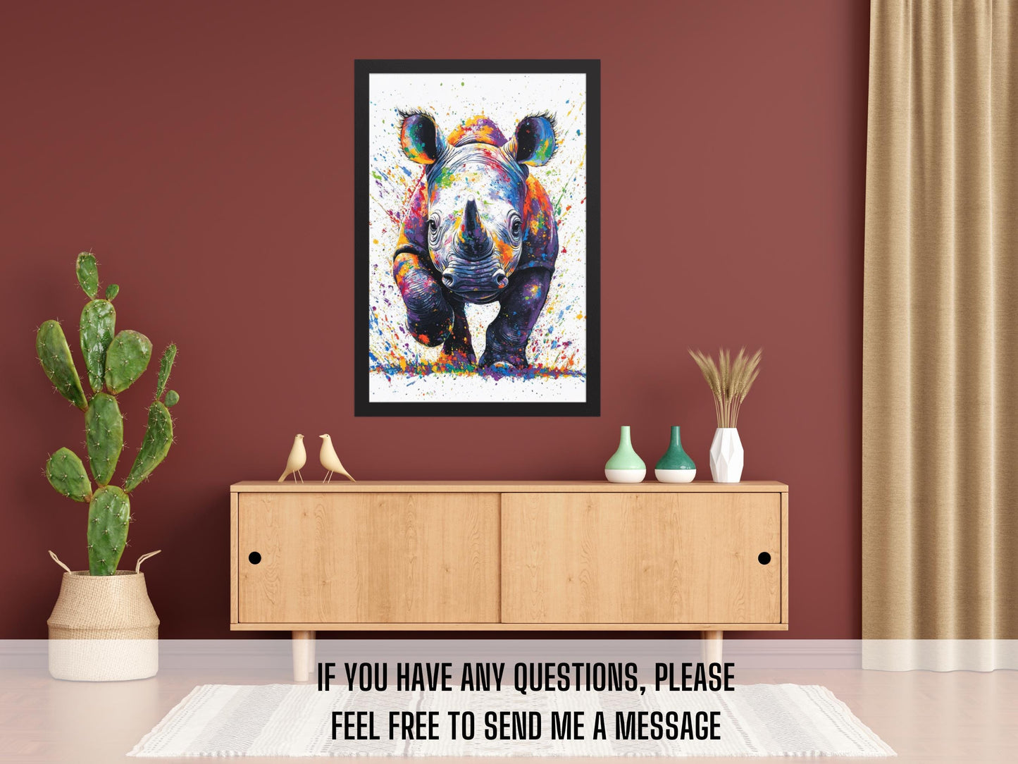 Baby Rhino Wall Art | Animal Wall Art | Digital Wall Art | Digital Print | Vibrant Animal Print for Safari Lovers | Safari Rhino Print