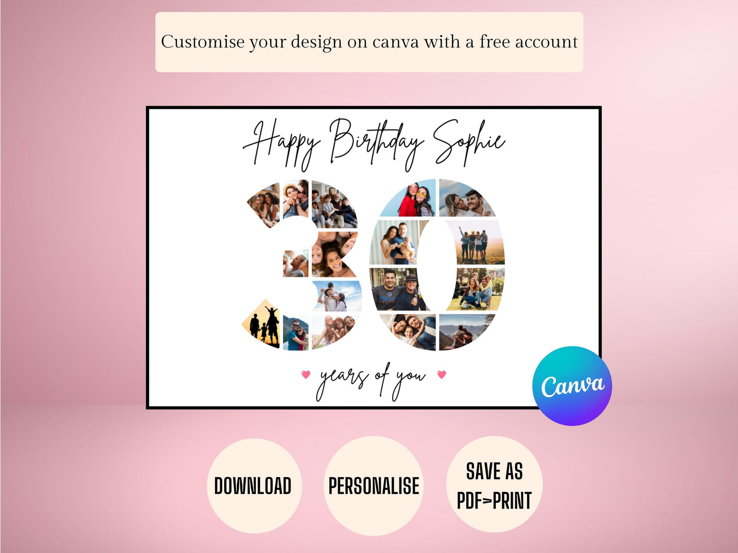 Custom Birthday Photo Collage Gift Print - Digital Print - 30th Birthday Print - 30 Photo Collage - Birthday Photo Print
