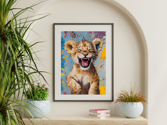 Colourful Smiling Lion Cub Wall Art | Animal Wall Art | Digital Wall Art | Digital Print | Vibrant Animal Print for Safari Lovers
