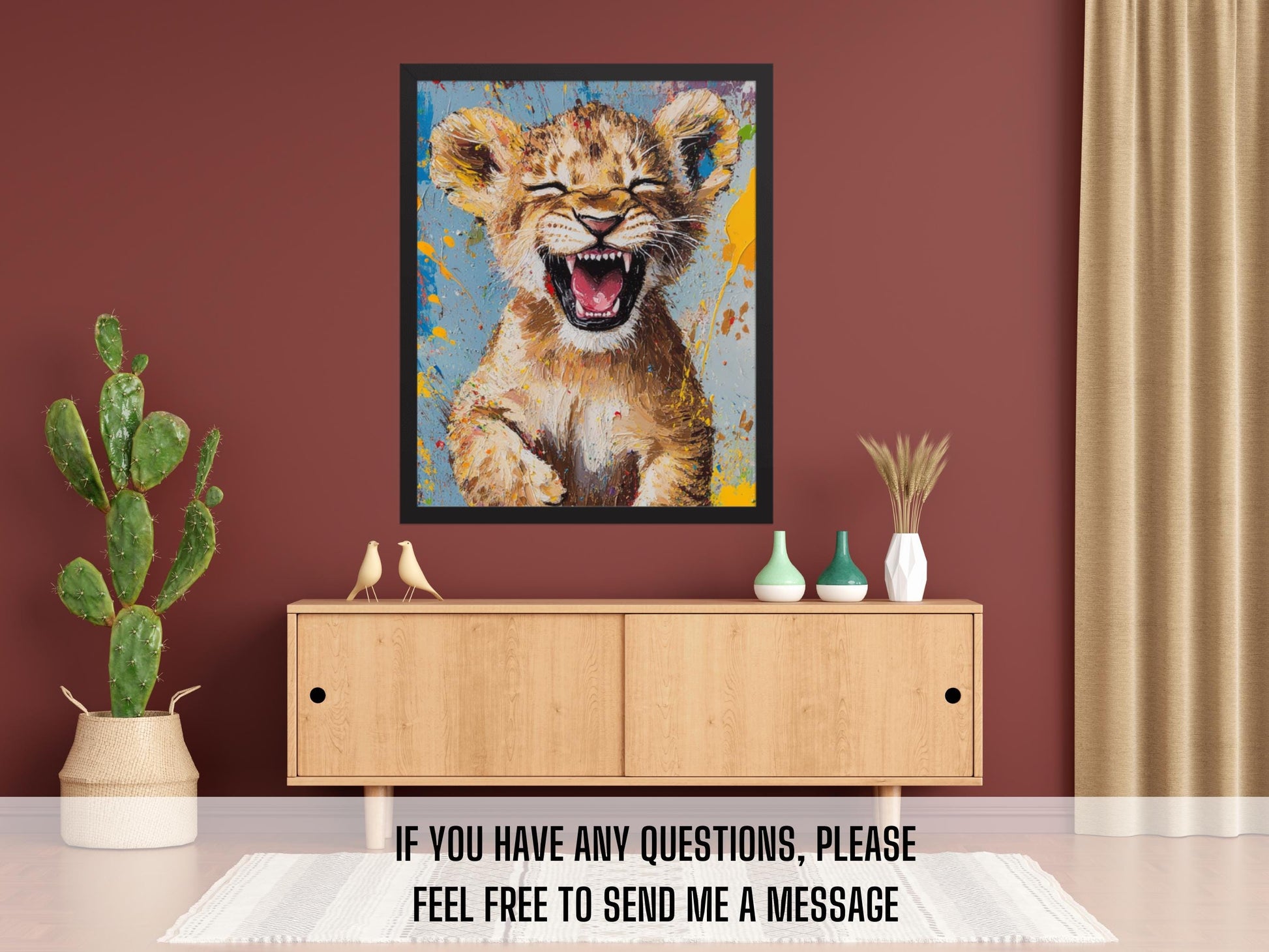 Colourful Smiling Lion Cub Wall Art | Animal Wall Art | Digital Wall Art | Digital Print | Vibrant Animal Print for Safari Lovers