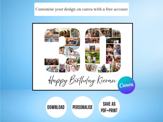 30th Birthday Gift - Custom Birthday Photo Collage Gift Print - Digital Print - 30th Birthday Print - 30 Photo Collage - Birthday Photos