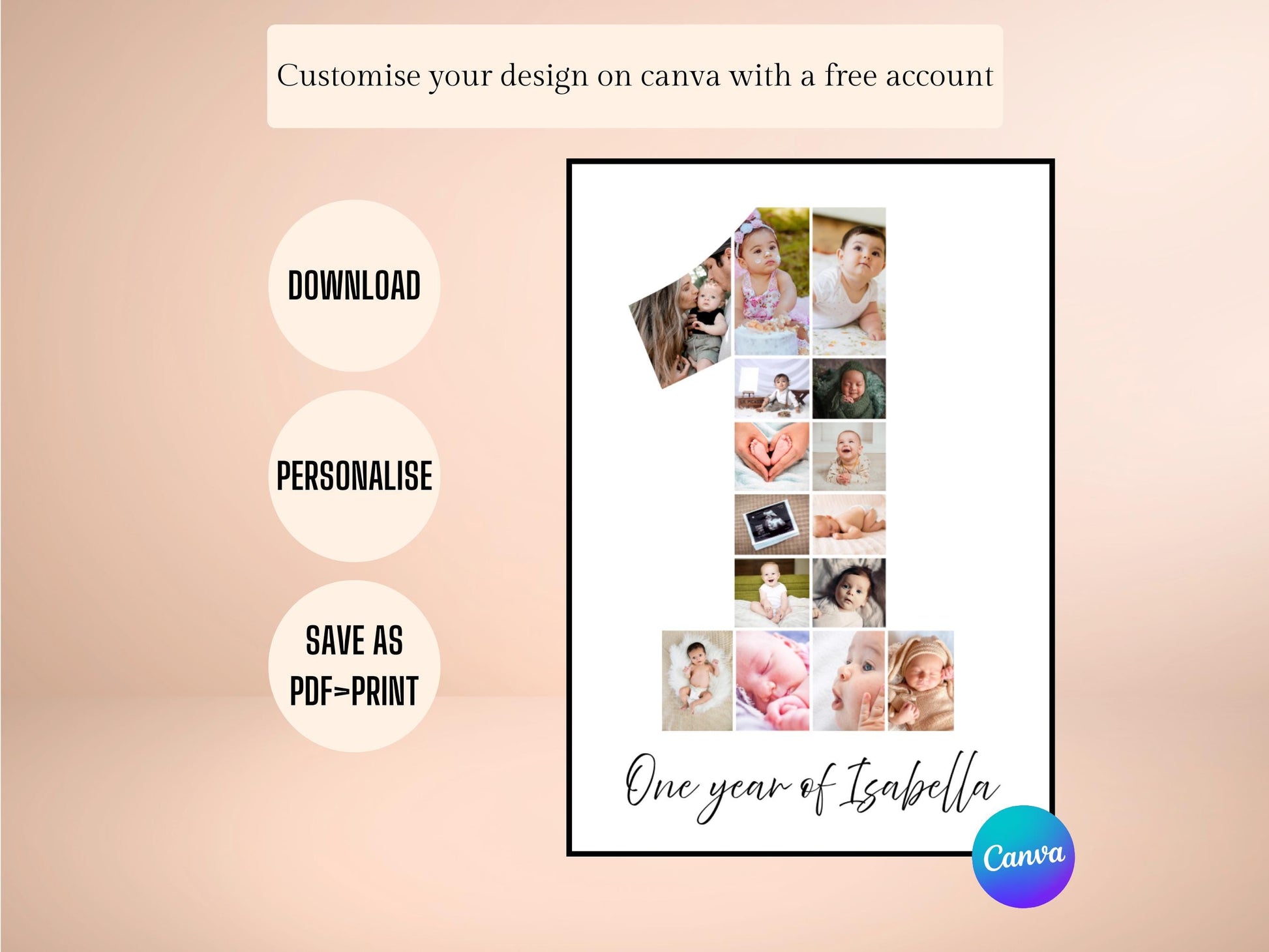 1st Birthday Photo Collage | 1 Photo Digital Print | Personalised First Birthday Gift | 1st Birthday Display | 1st Birthday Party | Canva