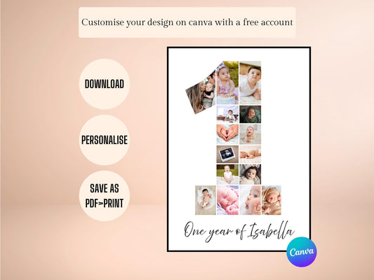 1st Birthday Photo Collage | 1 Photo Digital Print | Personalised First Birthday Gift | 1st Birthday Display | 1st Birthday Party | Canva